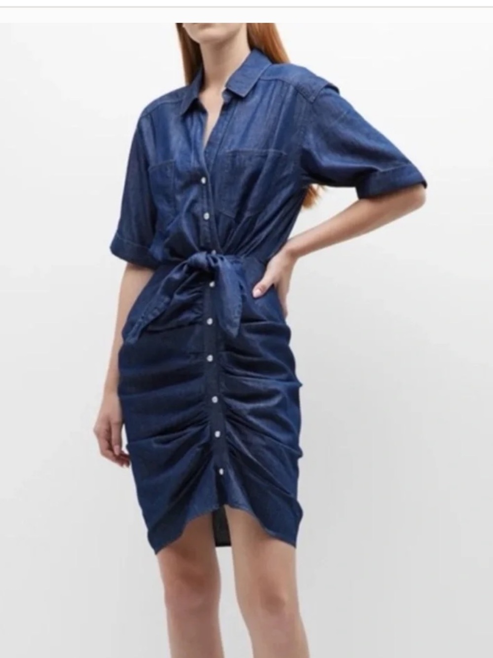 Veronica Beard Hensley Oxford Chambray Tie-Waist Shirtdress - Blue 10